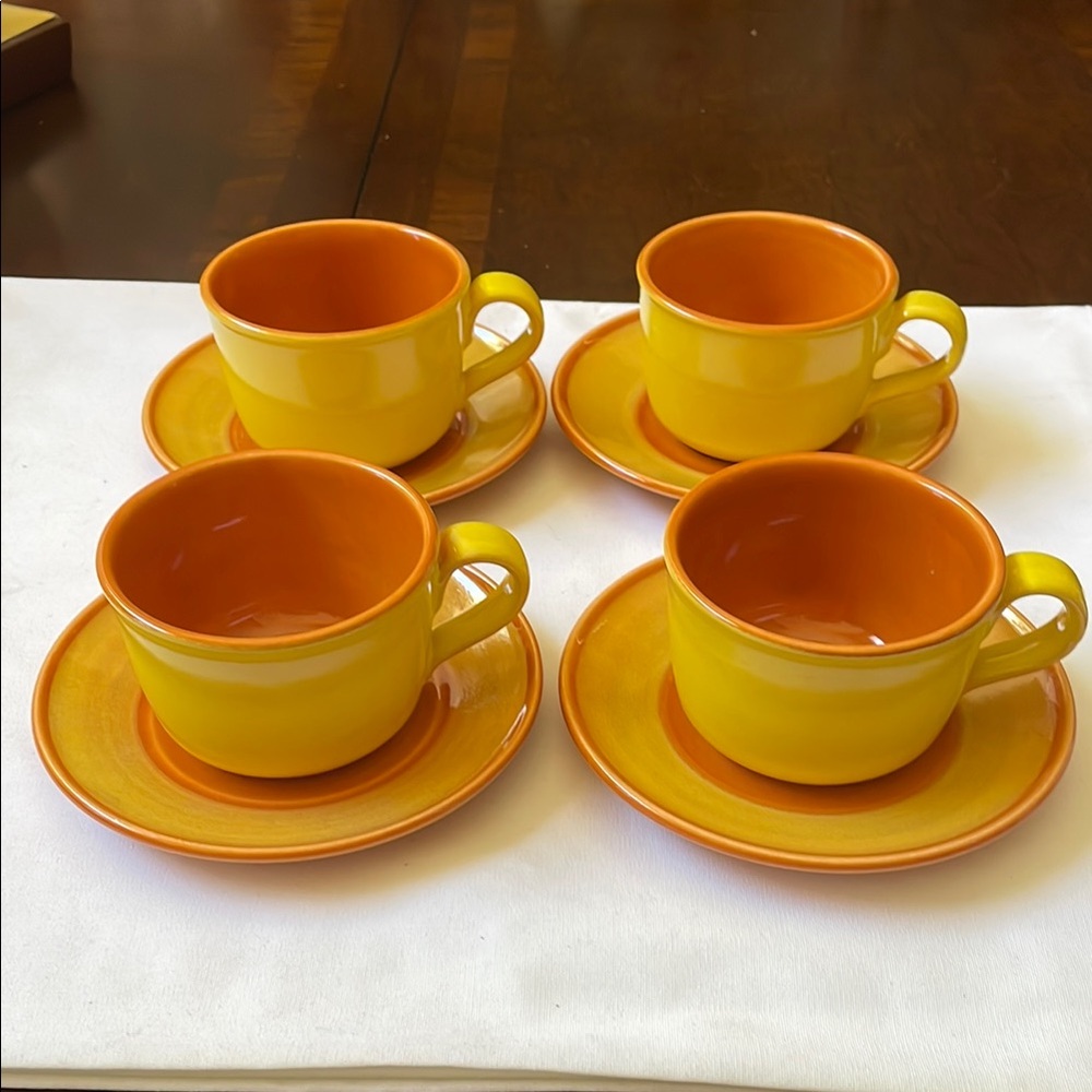 VTG Metlox Poppy Trail by Vernon Ware orange & yellow tea cup & saucer 4 sets